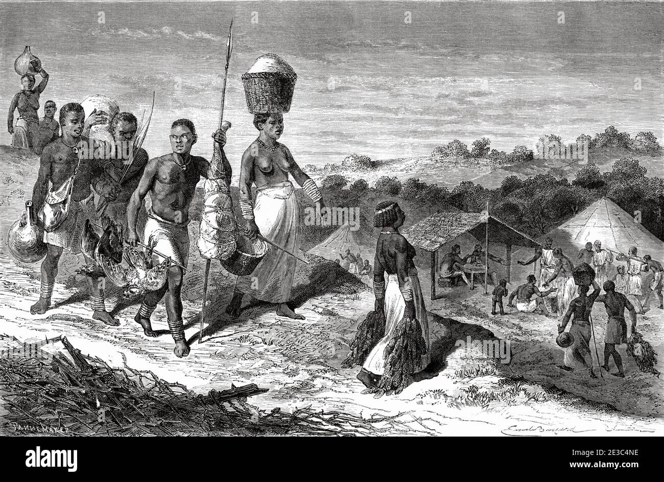 Natives African carrying food supplies in the village, Tanzania, Africa. Old XIX century engraved from Le Tour du Monde 1864 Stock Photo