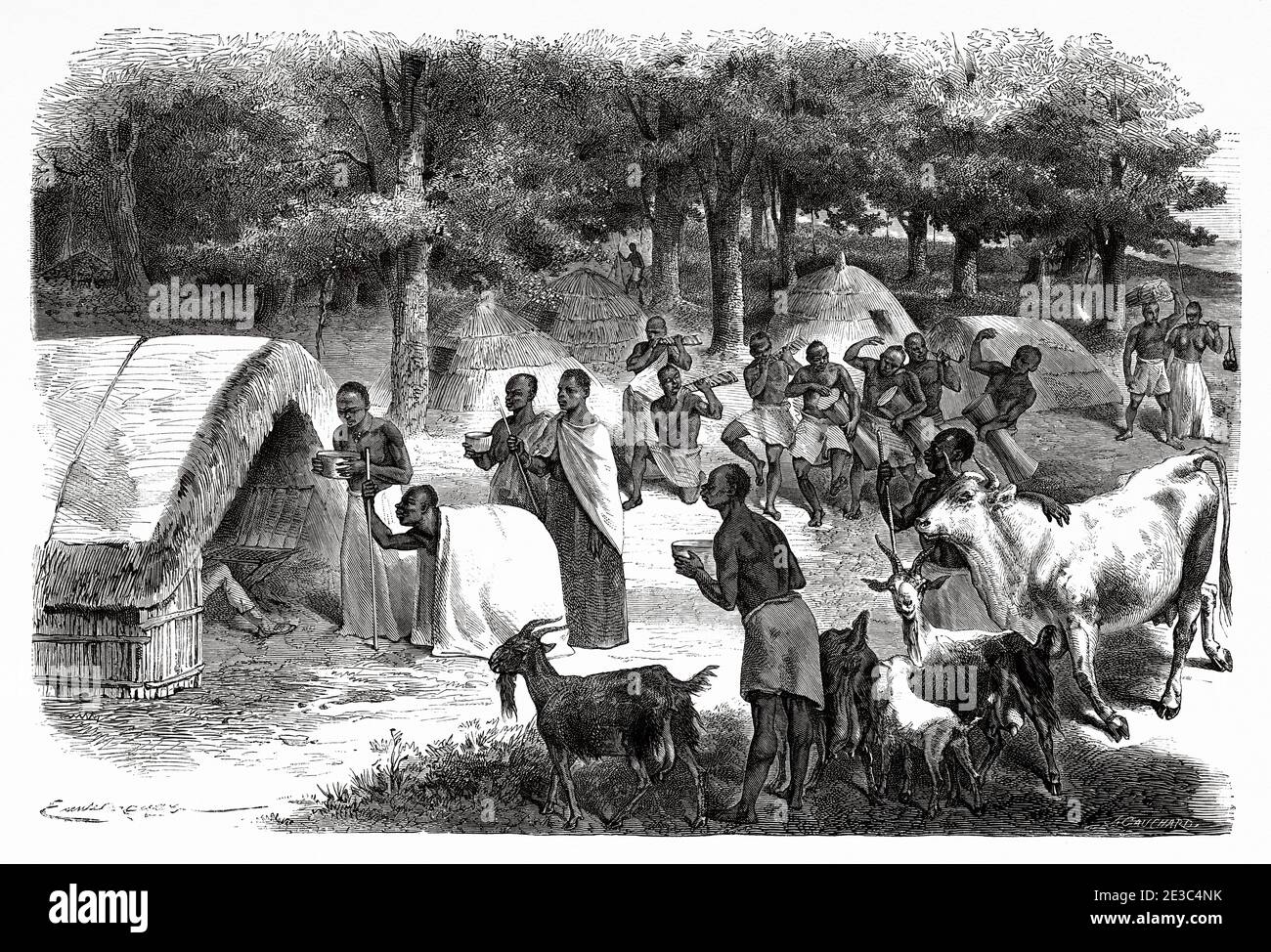 Travellers camp outside the palace of the king of Karague, Africa. Old XIX century engraved from Le Tour du Monde 1864 Stock Photo