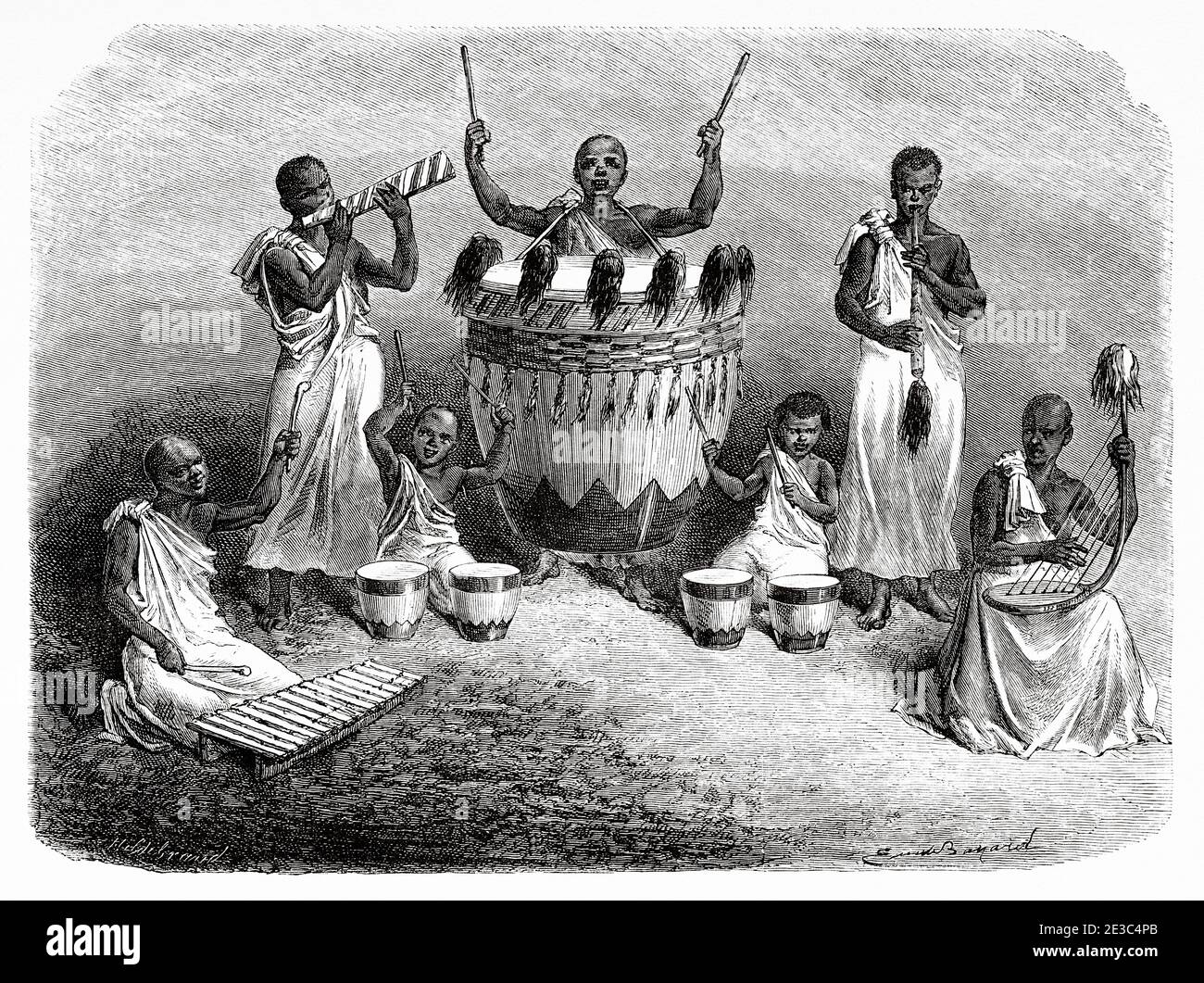 Orchestra in the Karague court. from Journal of the Discovery of the Source of the Nile, by Captain John Hanning Speke, Africa. Old XIX century engraved from Le Tour du Monde 1864 Stock Photo