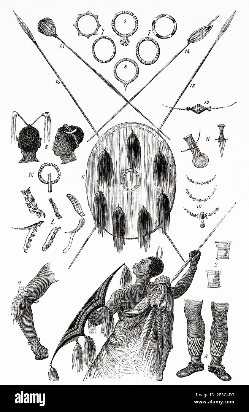 Weapons and ornaments typical of the tribes of Ouganda, Africa. Old XIX century engraved from Le Tour du Monde 1864 Stock Photo
