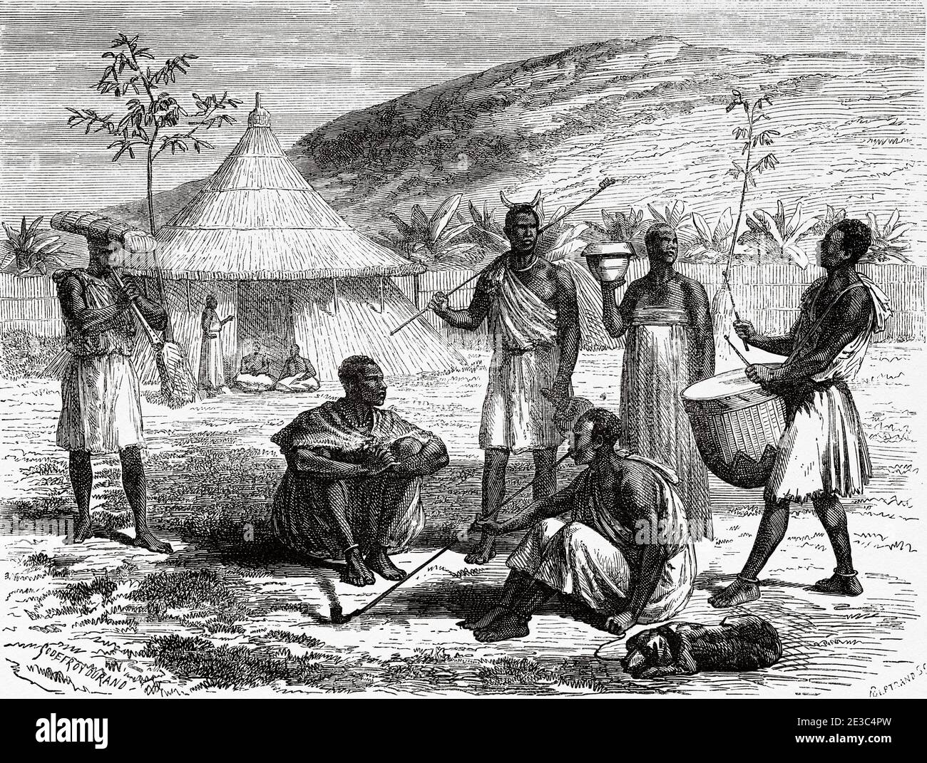 A tribal chief's home in Uganda, Africa. Old XIX century engraved from Le Tour du Monde 1864 Stock Photo