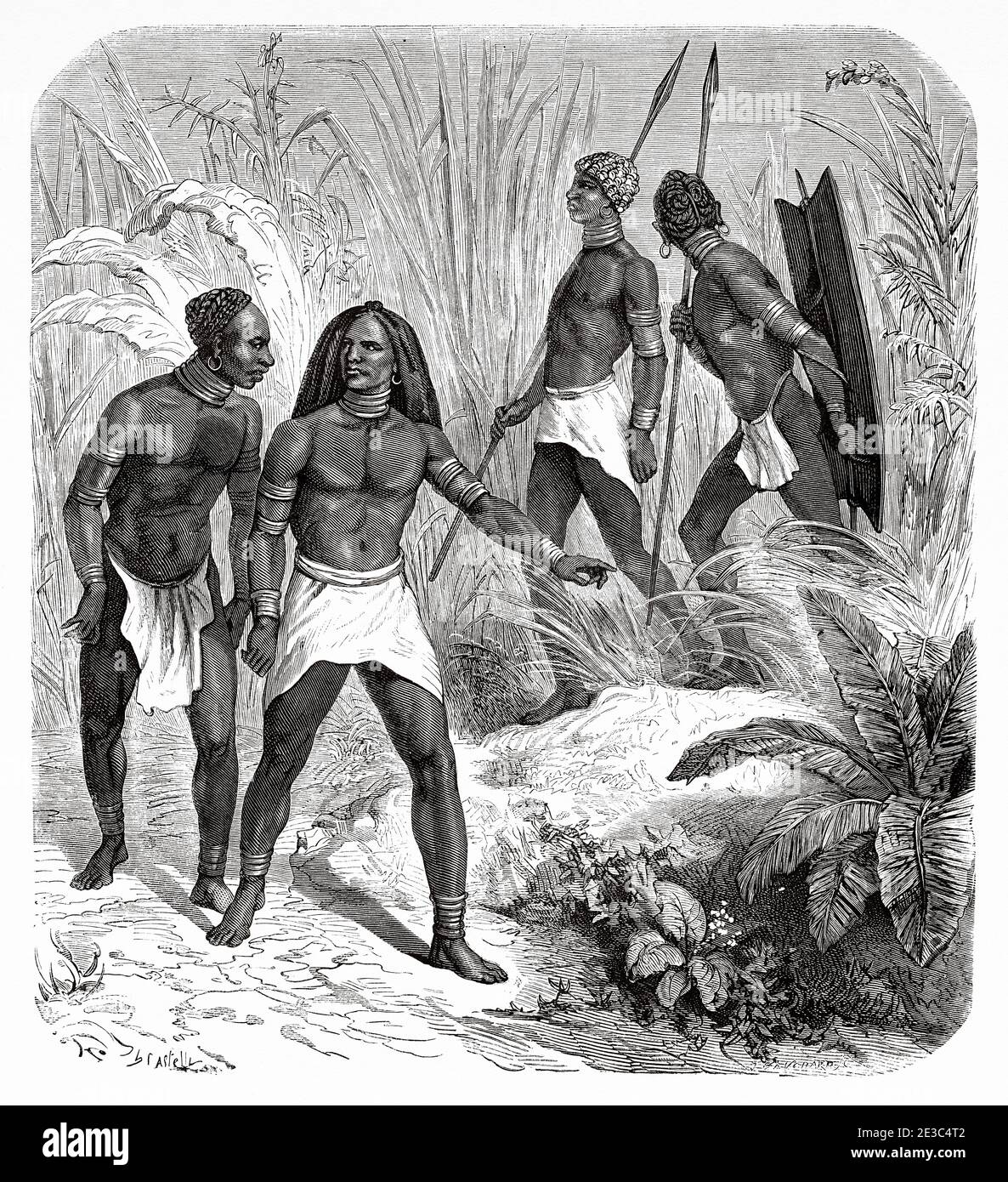 Native Africans near Kidi, southern Sudan, Africa. Old XIX century engraved from Le Tour du Monde 1864 Stock Photo