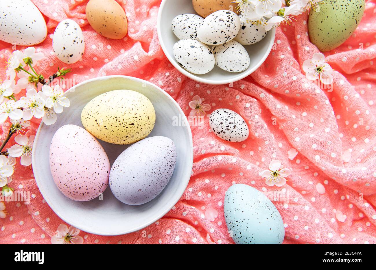 Easter eggs on pink polka dot background with spring cherry blossom ...