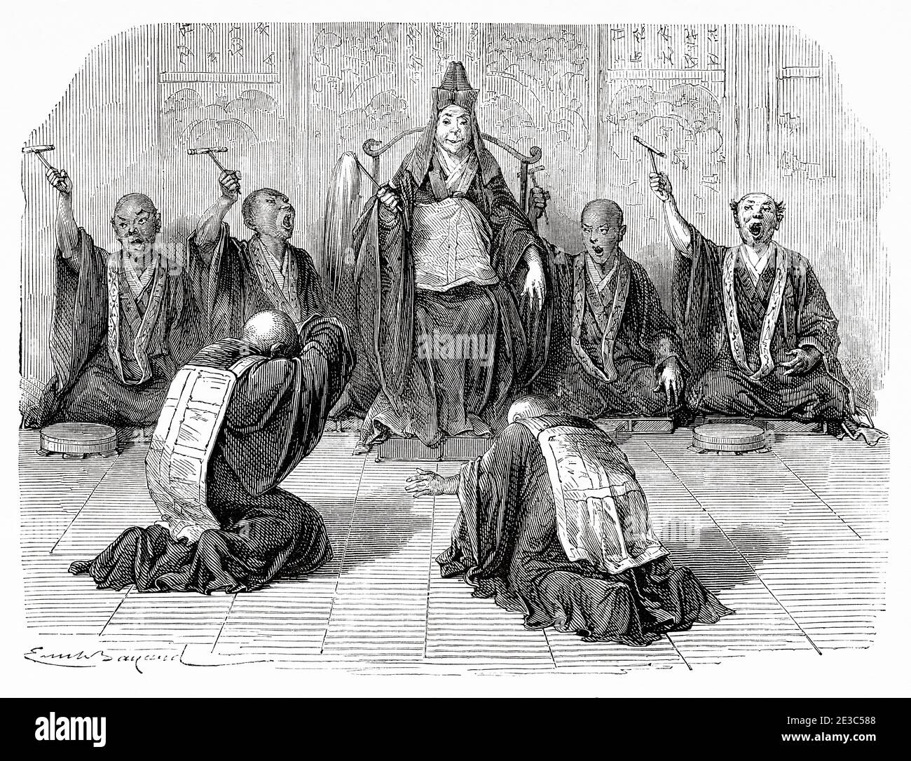 Great Buddhist priest being worshiped, Japan. Old 19th century engraved illustration Travel to Japan by Aime Humbert  from El Mundo en La Mano 1879 Stock Photo