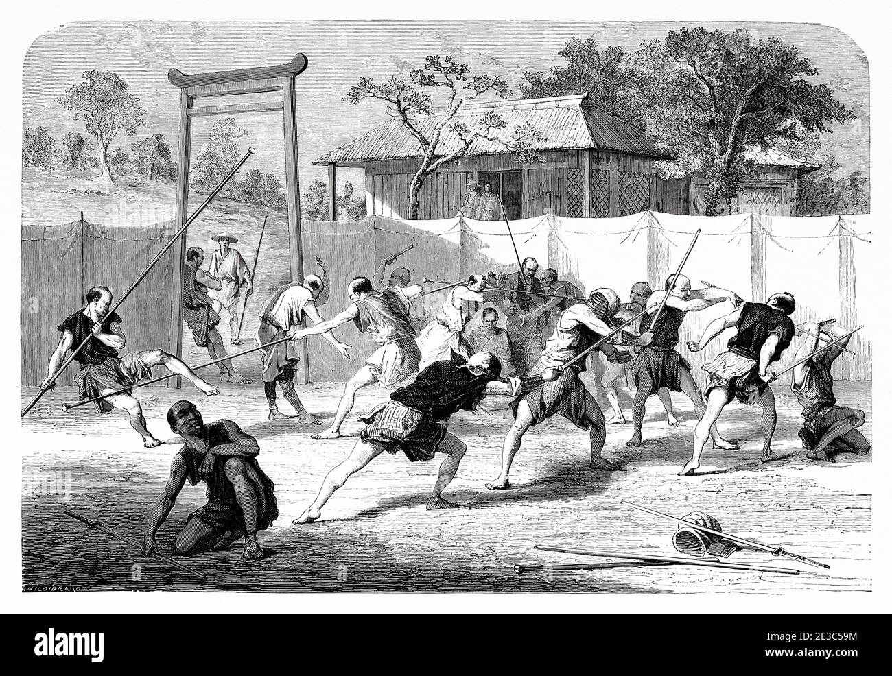 Fencing school, Japan. Old 19th century engraved illustration Travel to Japan by Aime Humbert  from El Mundo en La Mano 1879 Stock Photo