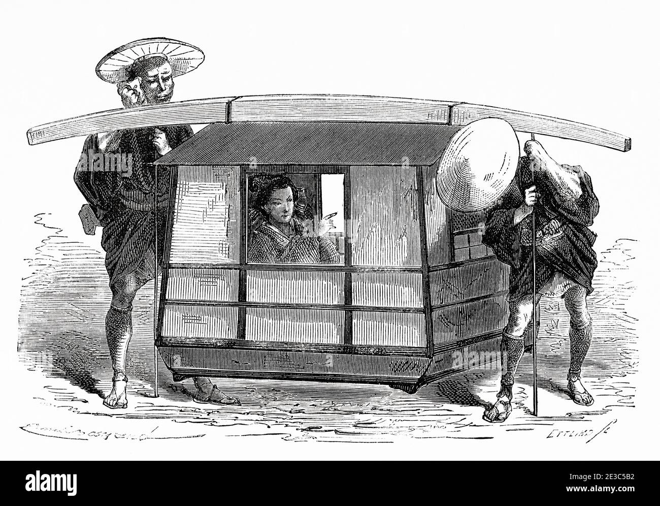 Norimon. Japanese covered litter and carriers, Japan. Old 19th century engraved illustration Travel to Japan by Aime Humbert  from El Mundo en La Mano 1879 Stock Photo
