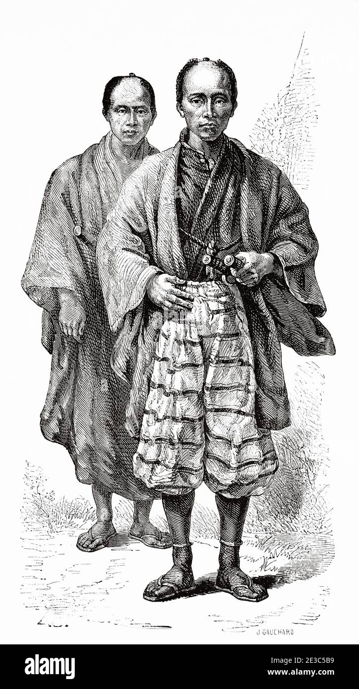 Daimyo, the most powerful feudal rulers from the 10th century to the middle 19th century in Japan. Old 19th century engraved illustration Travel to Japan by Aime Humbert  from El Mundo en La Mano 1879 Stock Photo