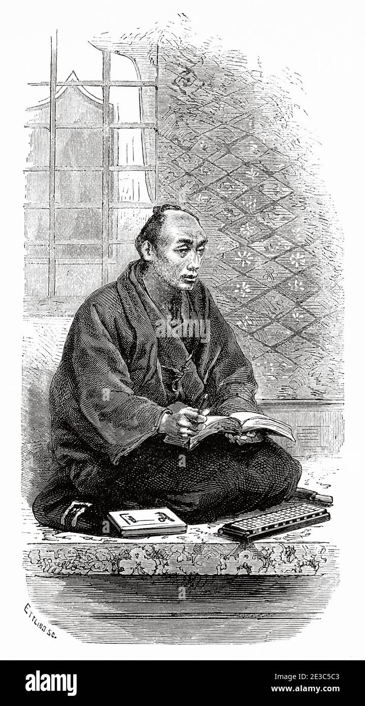Cashier in a store, Tokyo, Japan. Old 19th century engraved illustration Travel to Japan by Aime Humbert  from El Mundo en La Mano 1879 Stock Photo