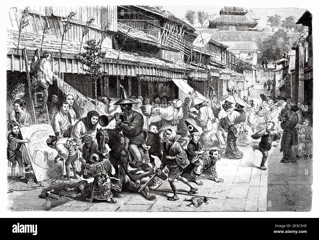 People celebrating on a Tokyo street on New Years Day, Japan. Old 19th century engraved illustration Travel to Japan by Aime Humbert  from El Mundo en La Mano 1879 Stock Photo
