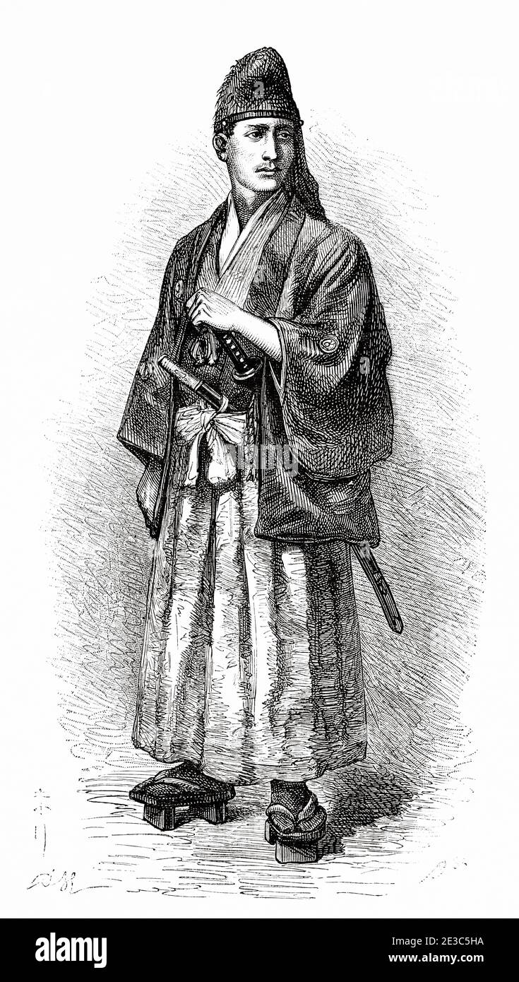Portrait of Eugene Collache in samurai attire, Japan. Old 19th century engraved illustration Travel to Japan by Eugene Collache  from El Mundo en La Mano 1879 Stock Photo