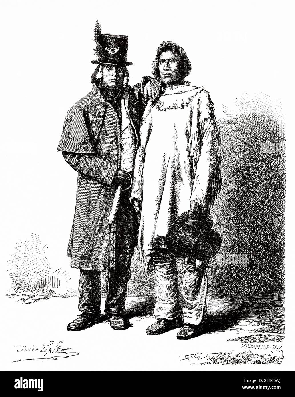 Indian snake chiefs of the tribe of the Goships, United States of America. Old 19th century engraved illustration. Travel from Washington to San Francisco by Louis Laurent Simonin from El Mundo en La Mano 1879 Stock Photo