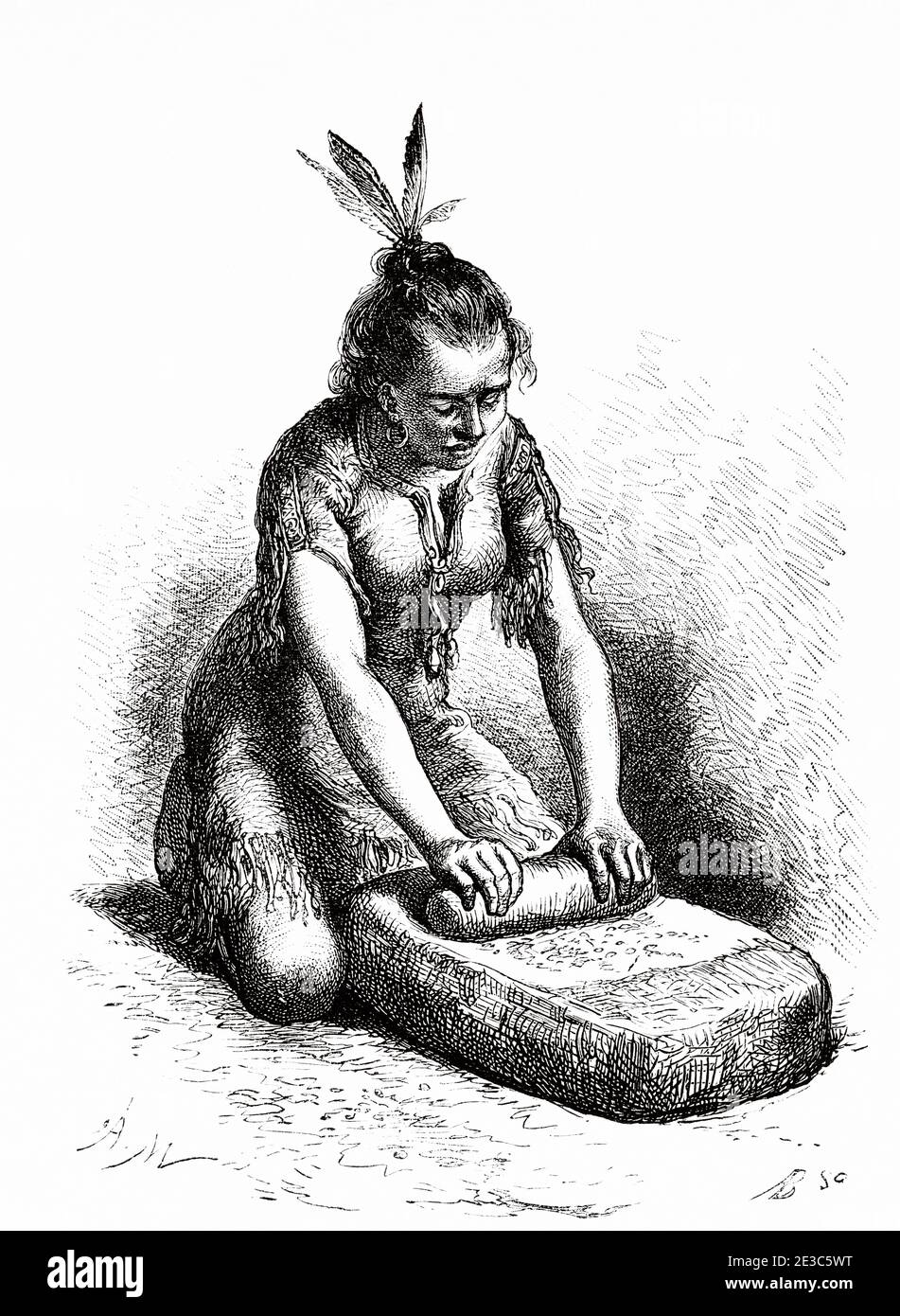 Utah Indian woman grinding corn in a stone mortar, United States of America. Old 19th century engraved illustration. Travel from Washington to San Francisco by Louis Laurent Simonin from El Mundo en La Mano 1879 Stock Photo