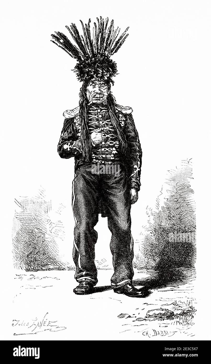 Winnemucca the Napoleon, chief of the American Indians of the tribe of the Paiute, United States of America. Old 19th century engraved illustration. Travel from Washington to San Francisco by Louis Laurent Simonin from El Mundo en La Mano 1879 Stock Photo