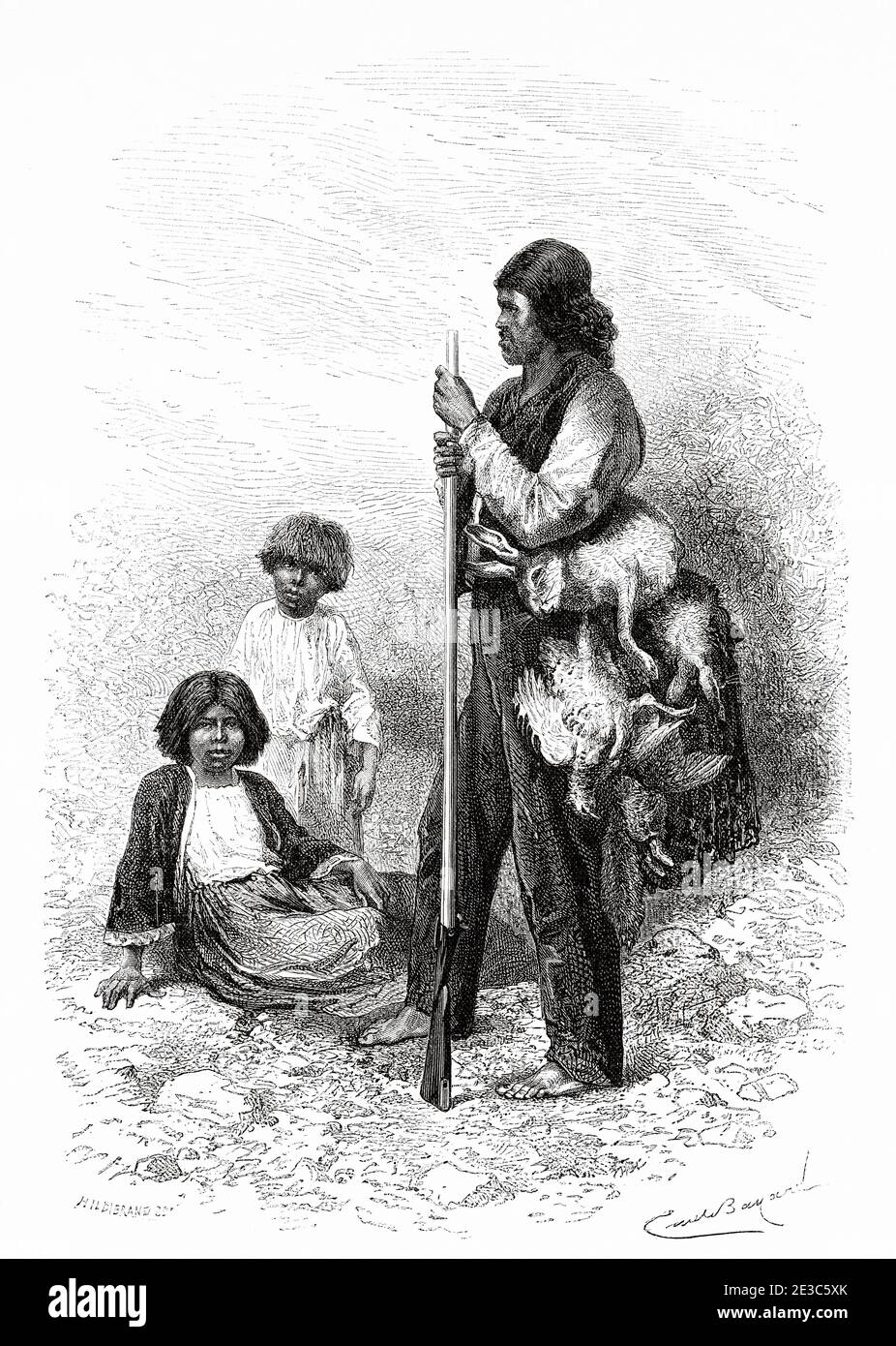 Native California Indian hunter with his children, United States of America. Old 19th century engraved illustration. Travel from Washington to San Francisco by Louis Laurent Simonin from El Mundo en La Mano 1879 Stock Photo