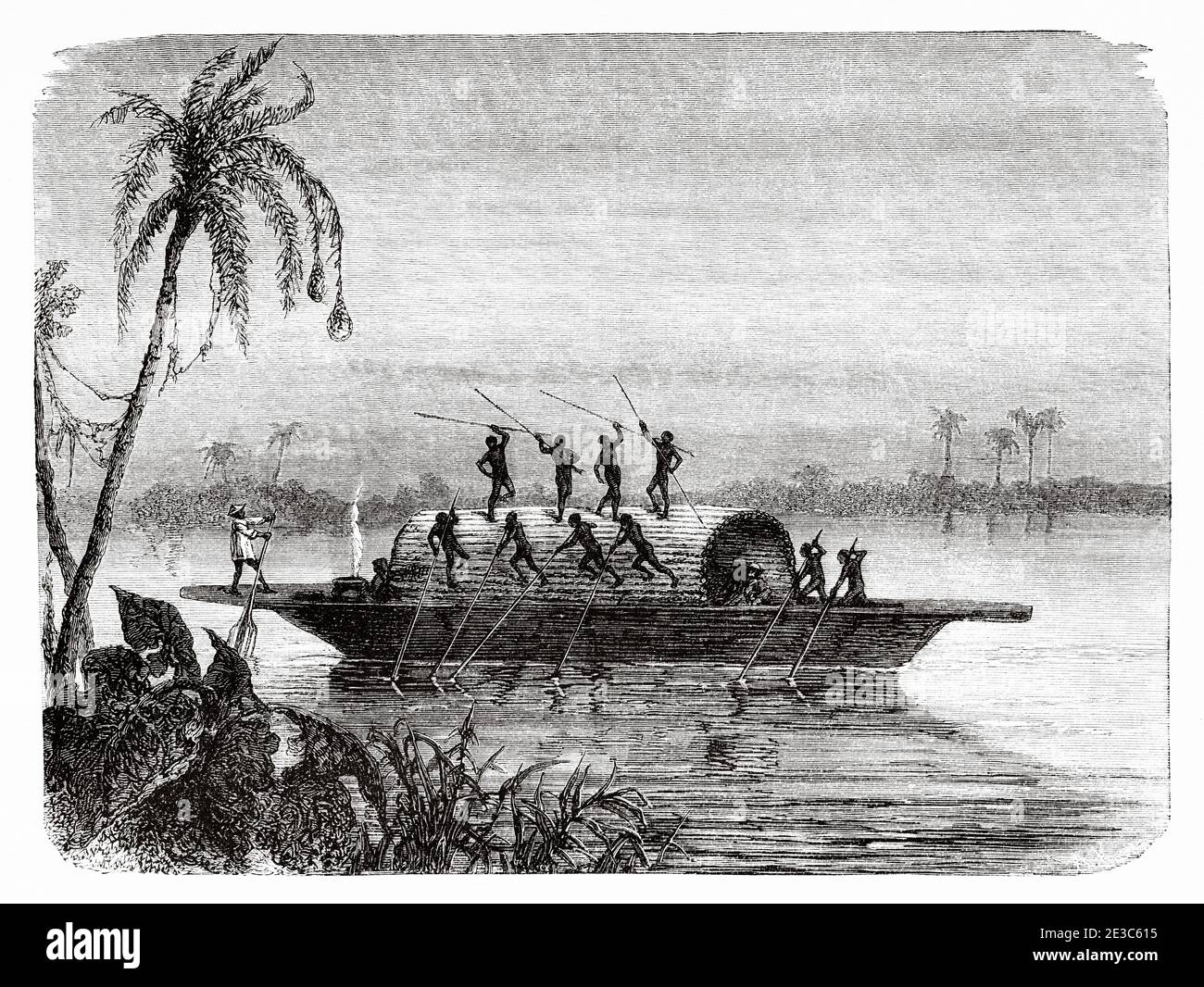 The introduction of Champan boat as a means of navigation in the towns located on the banks of the Magdalena river takes place in the middle of the 16th century, Colombia. Old 19th century engraved illustration. Travel to New Granada by Charles Saffray from El Mundo en La Mano 1879 Stock Photo