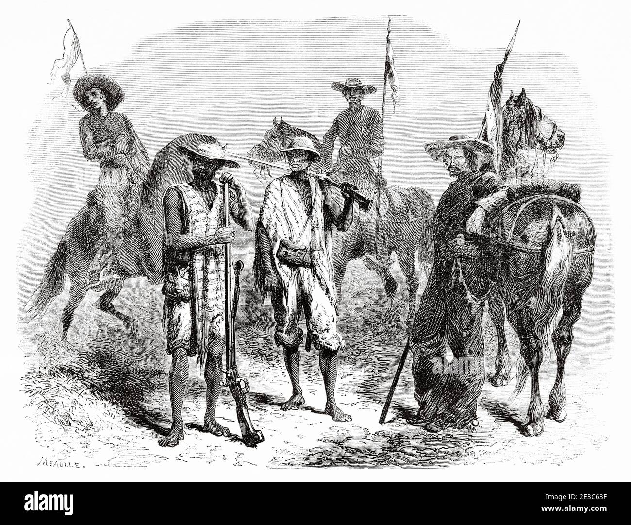 Soldiers from Cauca, Colombia. Old 19th century engraved illustration. Travel to New Granada by Charles Saffray from El Mundo en La Mano 1879 Stock Photo