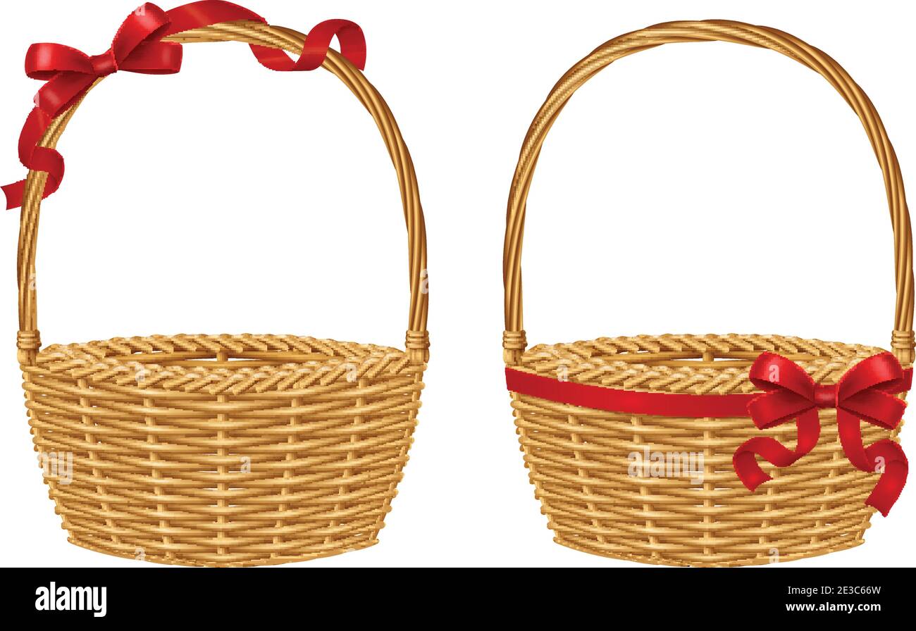 Empty wicker gift basket with red ribbon isolated on white background