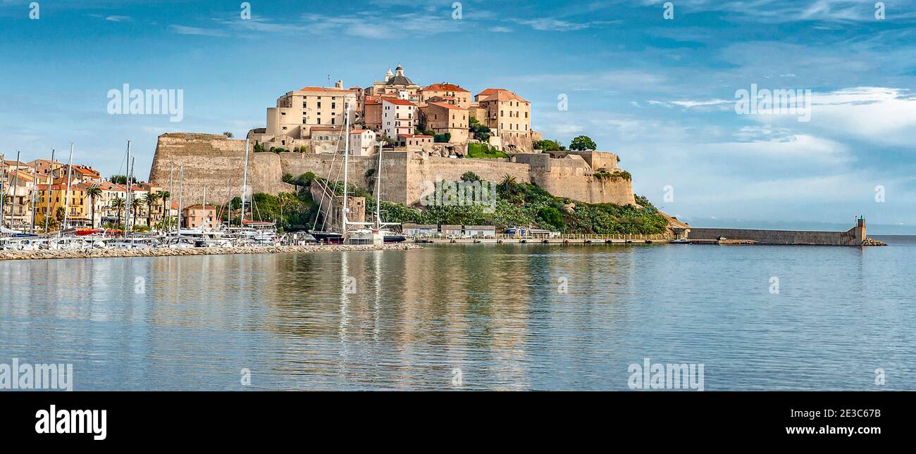 Blick vom Stadtstrand auf Calvi mit seiner Zitadelle Stock Photo