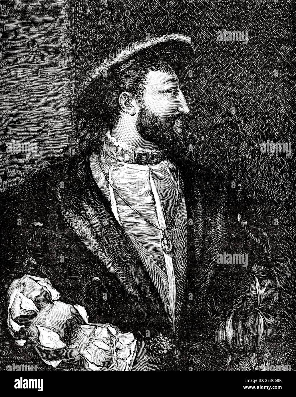 Portrait of Francis I. Francis d'Angoulême (1494-1547) king of France, the first monarchs of the Angoulême branch of the House of Valois. France. Old XIX century engraving illustration. Les Français Illustres by Gustave Demoulin 1897 Stock Photo