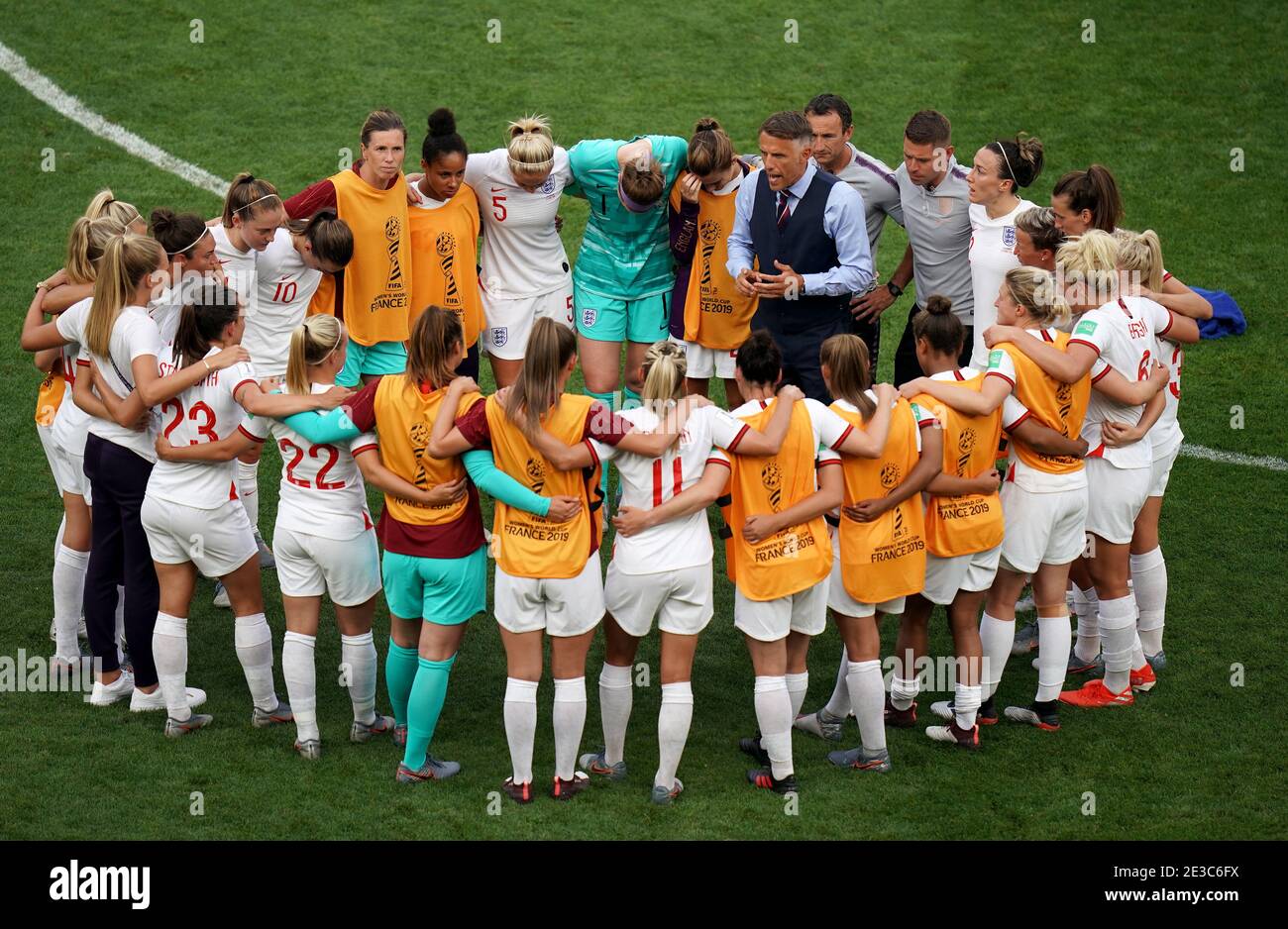 File photo dated 23-06-2019 of England's head coach Phil Neville speaks to staff and players after winning the FIFA Women's World Cup, round of Sixteen match at Stade du Hainaut, Valenciennes. Issue date: Monday January 18, 2021. 2021. Phil Neville is to step down as head coach of England Women with immediate effect, the Football Association has announced. See PA story SOCCER England Women. Photo credit should read John Walton/PA Wire. Stock Photo
