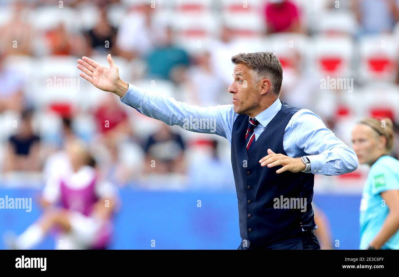 File photo dated 06-07-2019 of England head coach Phil Neville gestures on the touchline during the FIFA Women's World Cup Third Place Play-Off at the Stade de Nice, Nice. Issue date: Monday January 18, 2021. 2021. Phil Neville is to step down as head coach of England Women with immediate effect, the Football Association has announced. See PA story SOCCER England Women. Photo credit should read Richard Sellers/PA Wire. Stock Photo