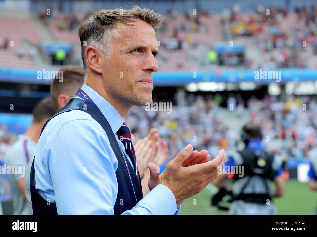 File photo dated 06-07-2019 of England head coach Phil Neville prior to the beginning of the FIFA Women's World Cup Third Place Play-Off at the Stade de Nice, Nice. Issue date: Monday January 18, 2021. 2021. Phil Neville is to step down as head coach of England Women with immediate effect, the Football Association has announced. See PA story SOCCER England Women. Photo credit should read Richard Sellers/PA Wire. Stock Photo