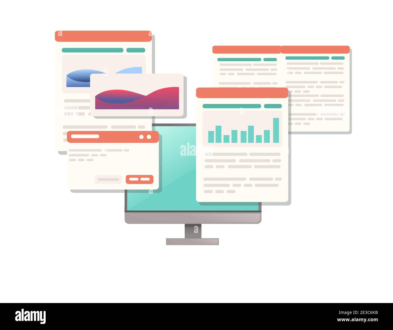 Computer monitor with opened abstract windows infographic statistics
