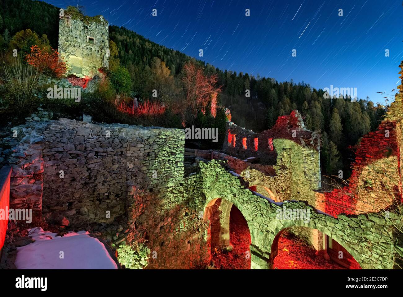 Ghostly ruins of the Castellalto castle. Telve, Valsugana, Trento province, Trentino Alto-Adige, Italy, Europe. Stock Photo