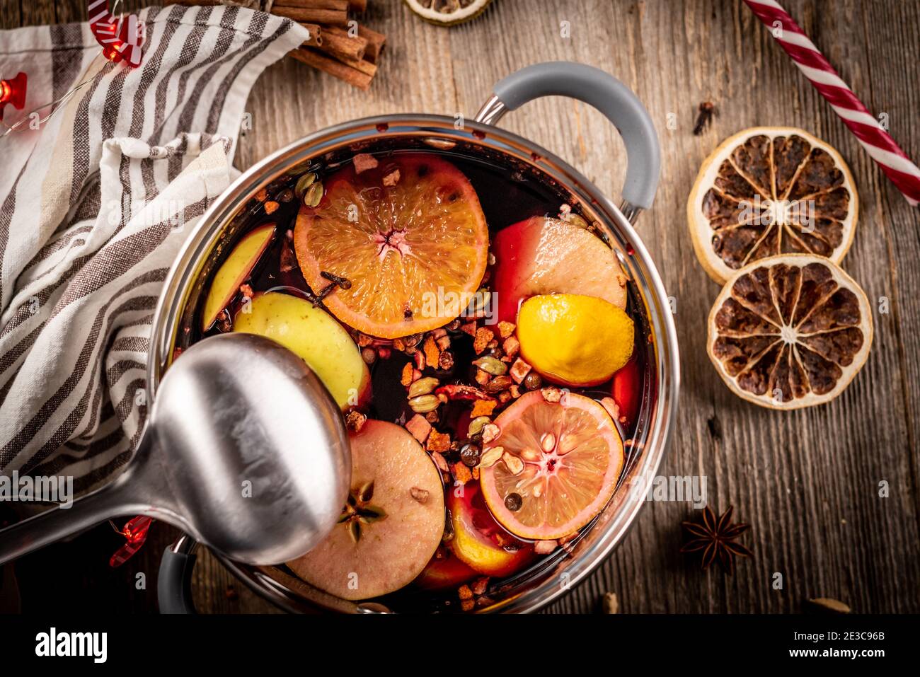 Pot with wine and spicy fruits Stock Photo