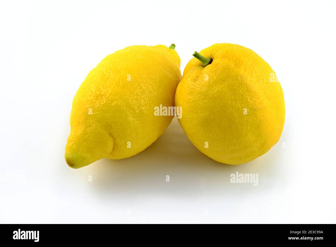 Two yellow lemons with green leaves on white background. Fresh citrus. Stock Photo