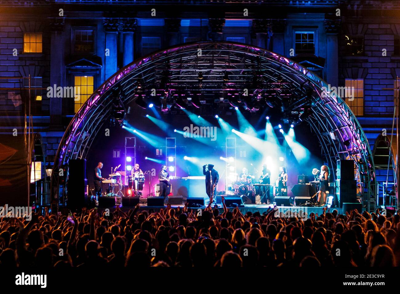 Wide shot of Soul 2 Soul performing live on stage at an outdoor concert at Somerset House, London Stock Photo