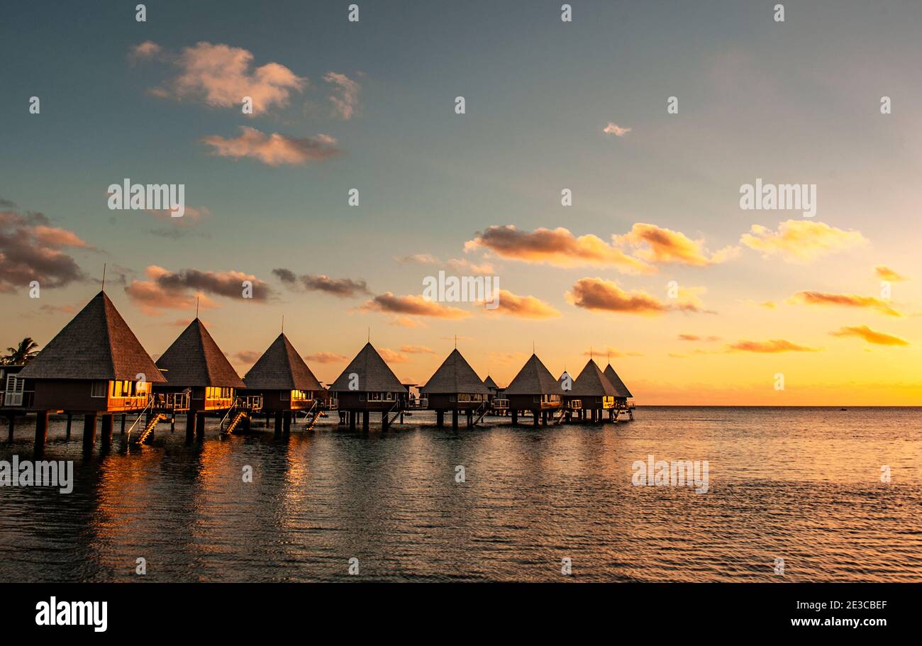 Over water tourist pavilions of Îlot Maître, New Caledonia, south Pacific ocean, Oceania Stock Photo