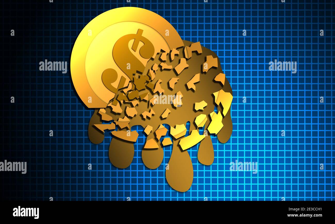 3D rendering illustration of finance decline graph with coin melting ...