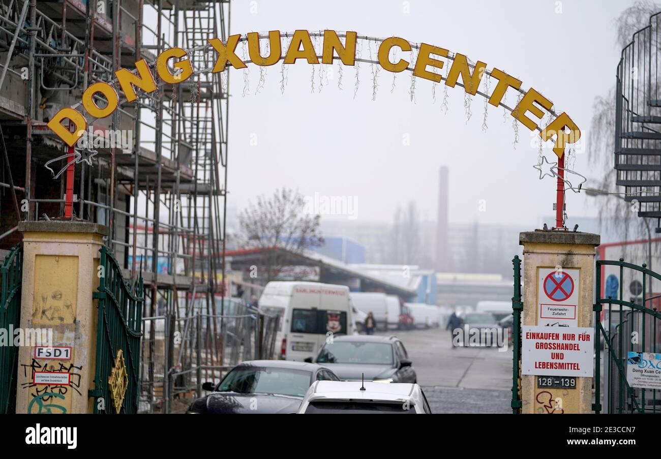 Berlin, Germany. 18th Jan, 2021. A sign hangs above the entrance gate to the Dong Xuan Center. The Dong Xuan Center, which is considered Germany's largest Asian market, is said to play a role in the smuggling business. (To dpa 'BKA: Berlin 'hub' of Vietnamese human traffickers') Credit: Jörg Carstensen/dpa/Alamy Live News Stock Photo