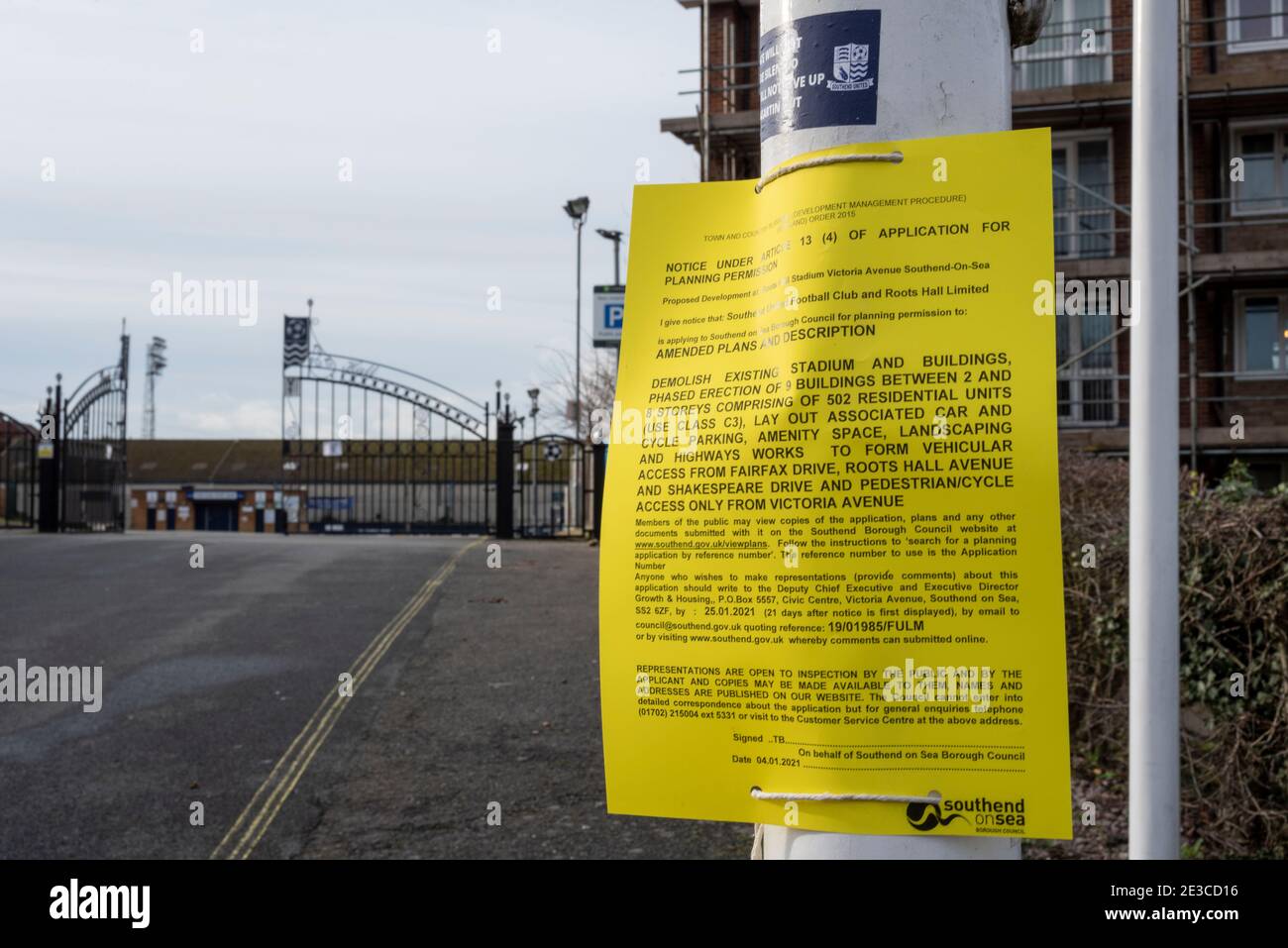 Notice for planning permission for redevelopment of Roots Hall stadium, home of Southend United football club. Gates entrance. Demolition plan Stock Photo