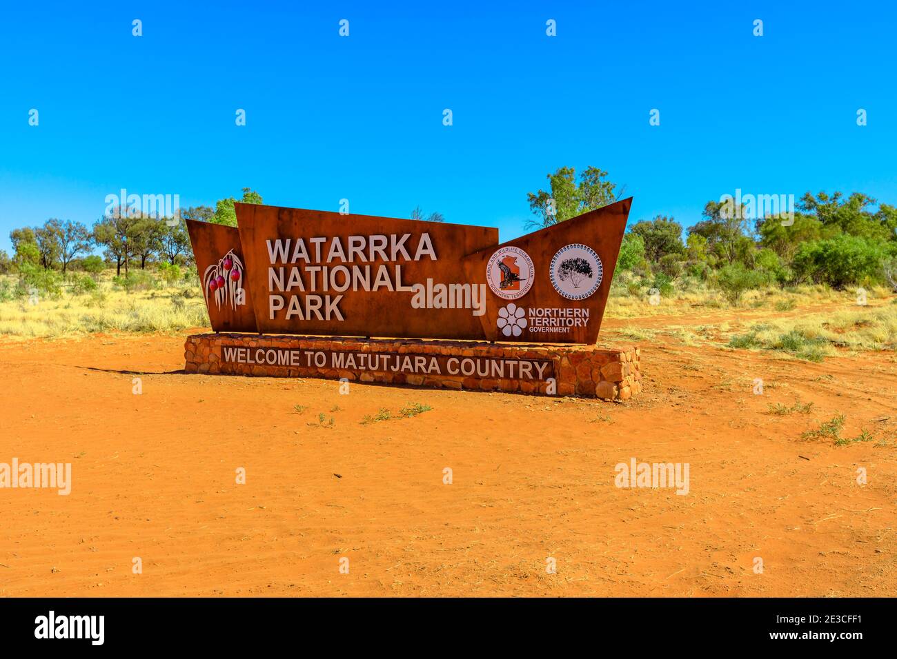 Kings Canyon, Northern Territory, Australia - Aug 21, 2019: entrance welcome to Watarrka National Park, Outback Red Center.The park is between West Stock Photo
