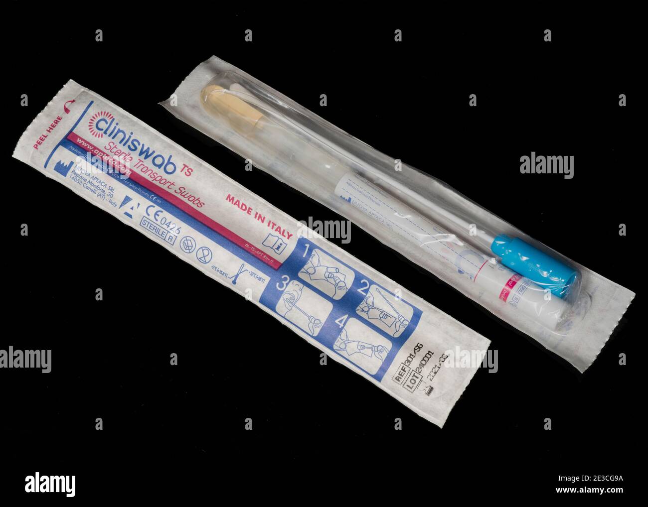 Cliniswab microbiology sterile transport swabs by Nuova Aptaca Srl. on black. Microbiology medical healthcare products. Stock Photo
