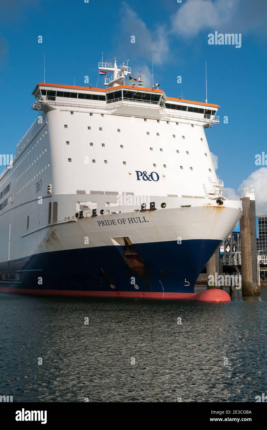 ROTTERDAM EUROPOORT, THE NETHERLANDS - FEBRUARY 27, 2015: The P&O ferry Pride of Hull is moored at the terminal in Rotterdam Europoort in The Netherla Stock Photo