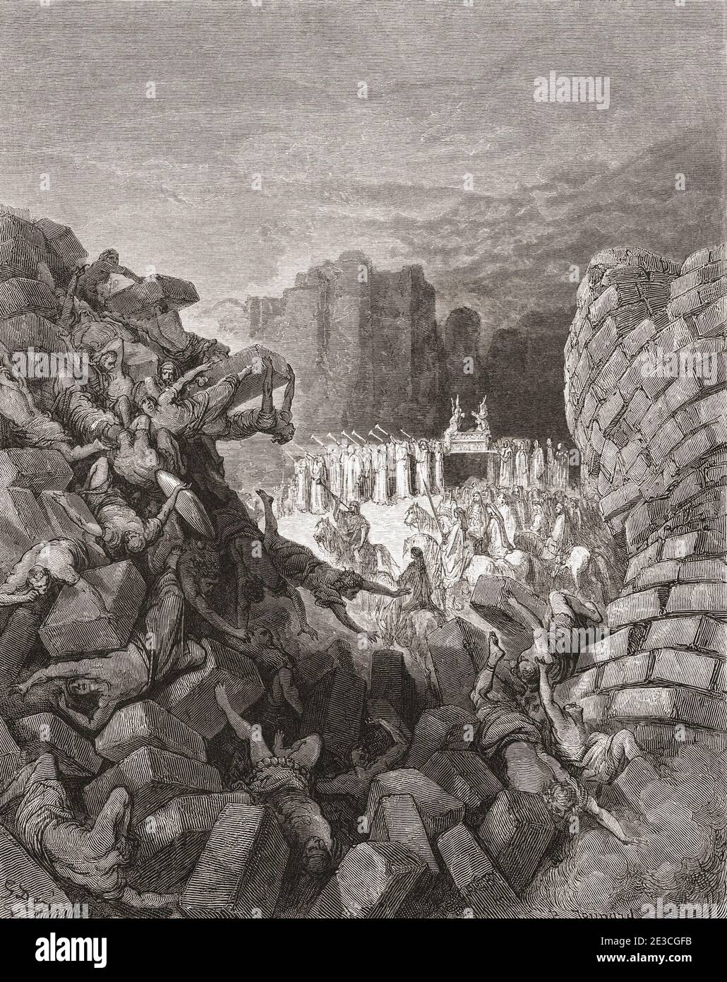 The walls of Jericho falling.  After a 19th century work by Gustave Dore.  The picture illustrates the story from the Old Testament in the book of Joshua 6:1-27. Stock Photo