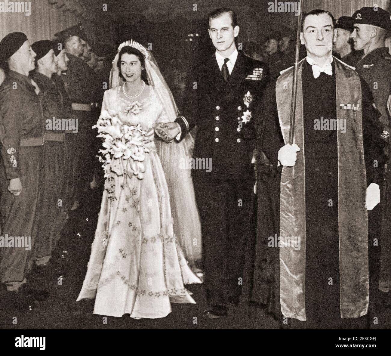 EDITORIAL ONLY The wedding day of Princess Elizabeth of York and Prince Philip, Duke of Edinburgh, 1947.  Princess Elizabeth of York, 1926 - 2022, future Elizabeth II,  Queen of the United Kingdom.  Prince Philip, Duke of Edinburgh born Prince Philip of Greece and Denmark,1921- 2021. Husband of Queen Elizabeth II of the United Kingdom and other Commonwealth realms.  From The Queen Elizabeth Coronation Book, published 1953. Stock Photo
