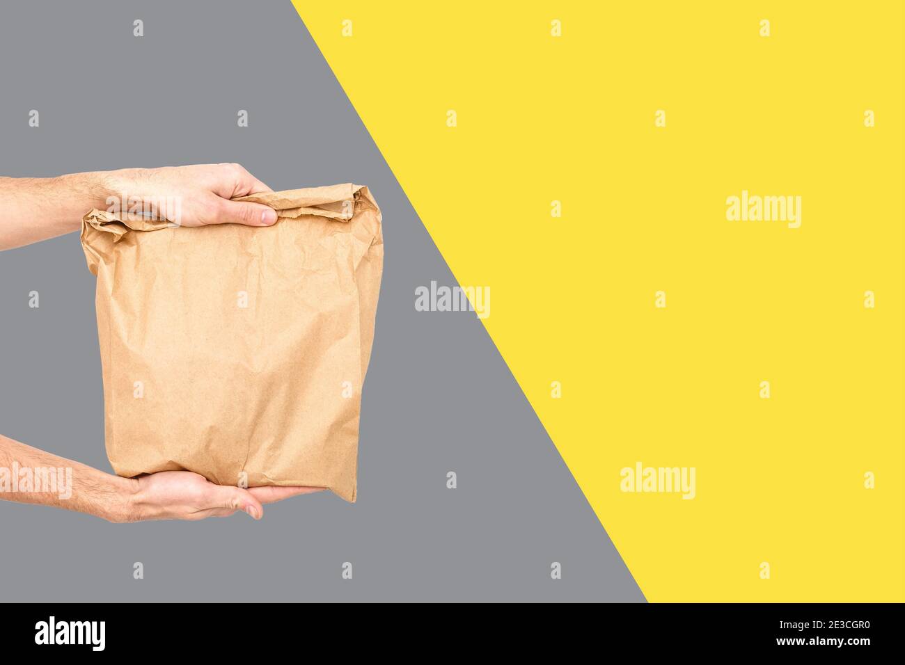 Close up female holds in hand brown clear empty blank craft paper bag for takeaway Delivery service concept. Copy space. Trendy colors 2021 - Gray and Stock Photo
