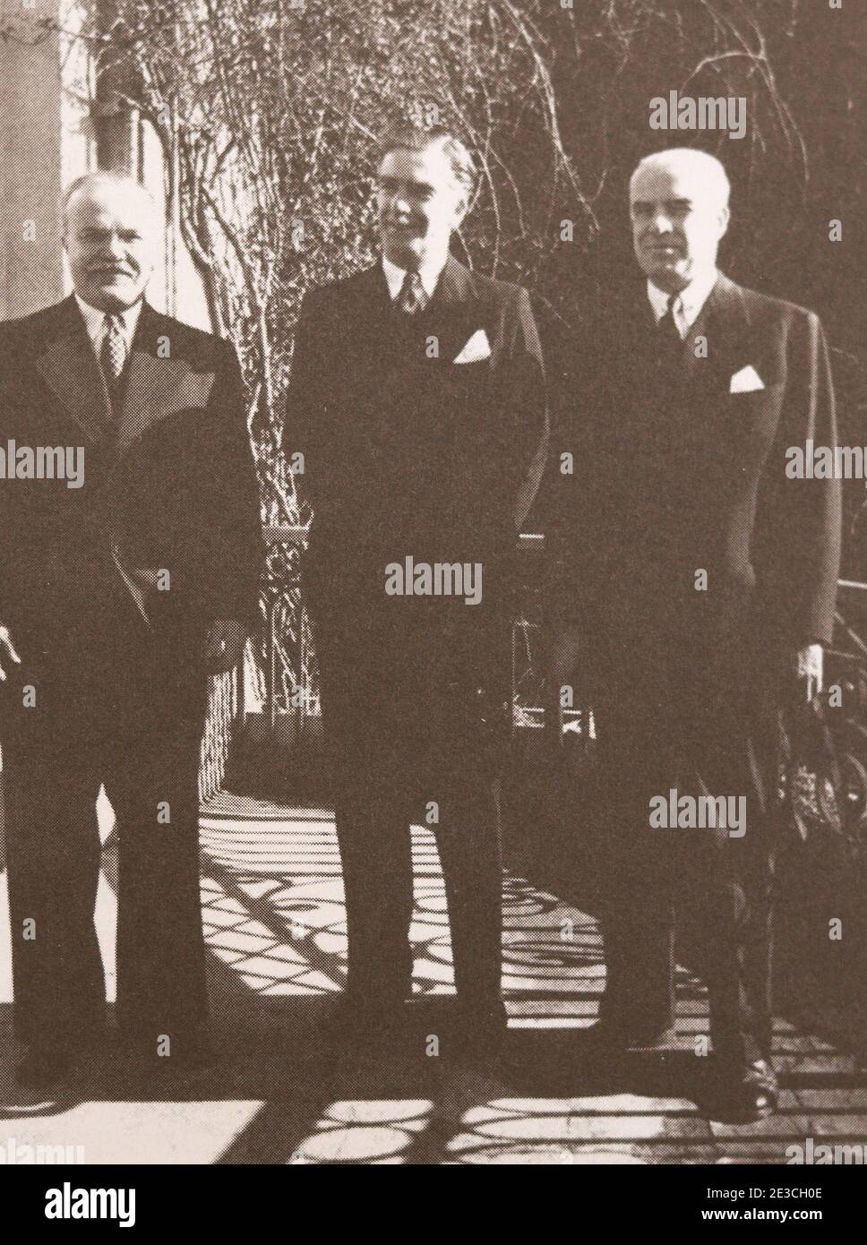 V.M. Molotov, A. Eden, E Stettinius on the balcony of the Koreiz Palace in the Crimea. Stock Photo