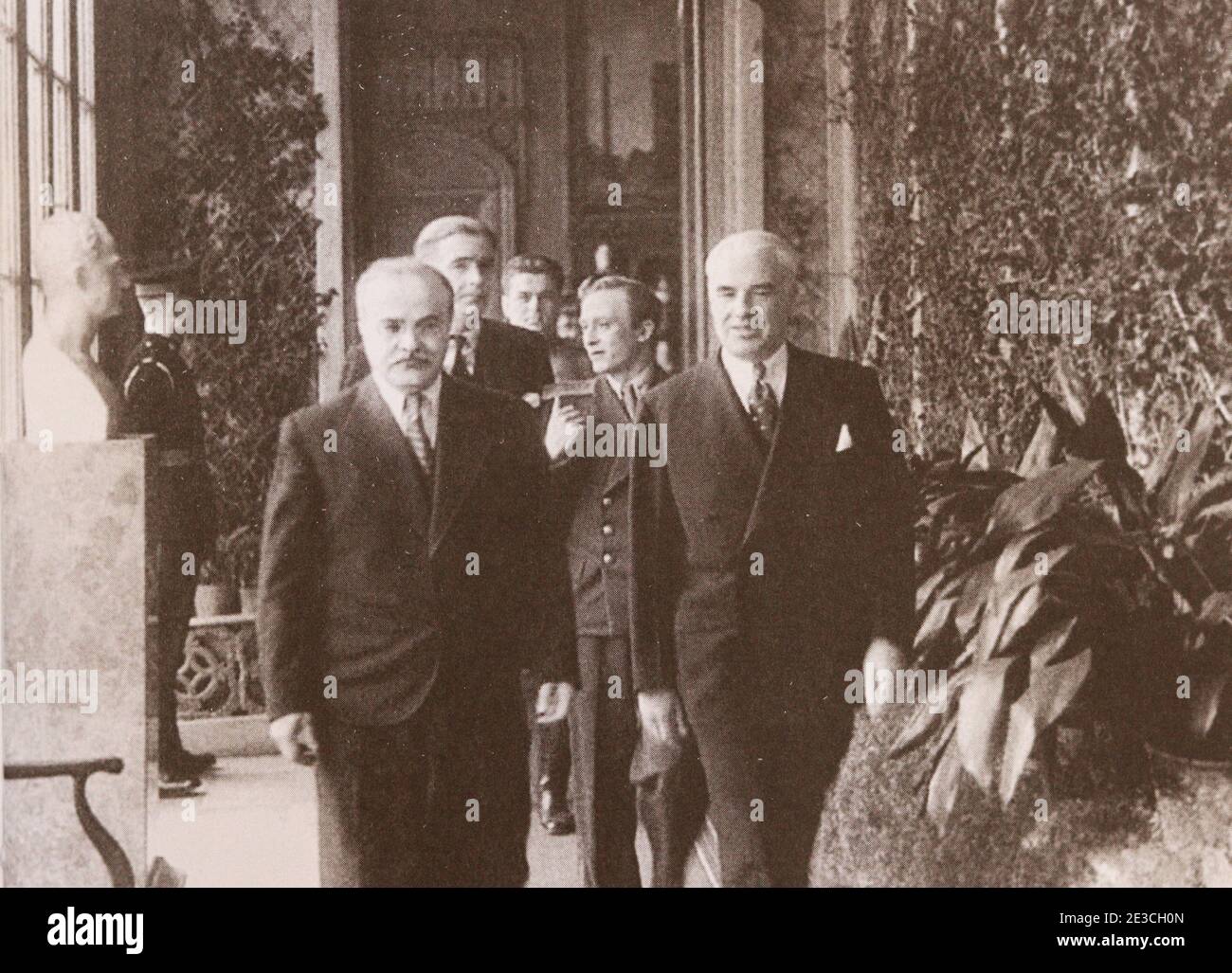 V.M. Molotov, E Stettinius, A. Eden in the Winter Garden of the Alupka Palace in Crimea. Stock Photo