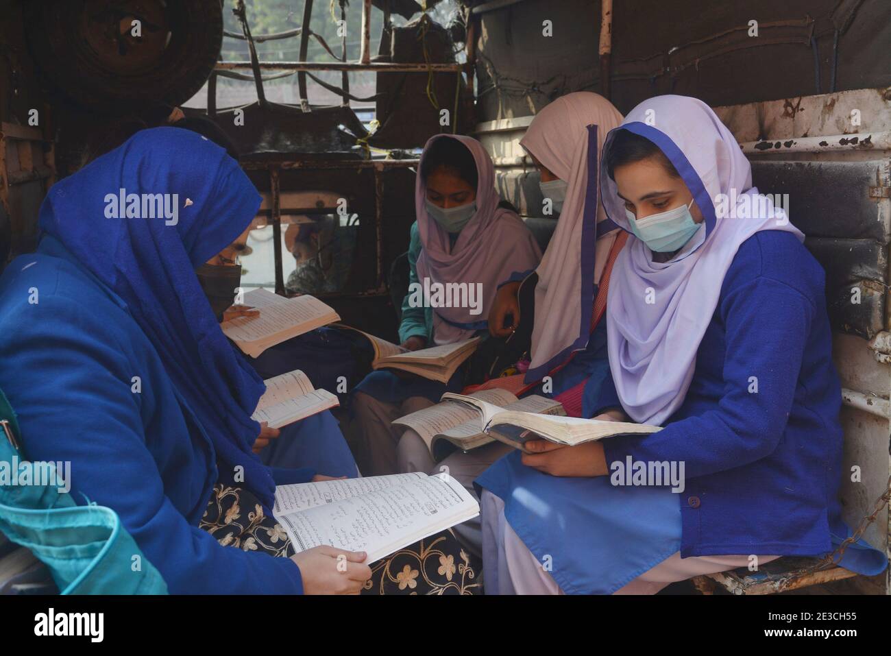 Pakistani students wearing facemasks to attend their first day of school with SOP,s, at govt kinnaird high school in Lahore Stock Photo