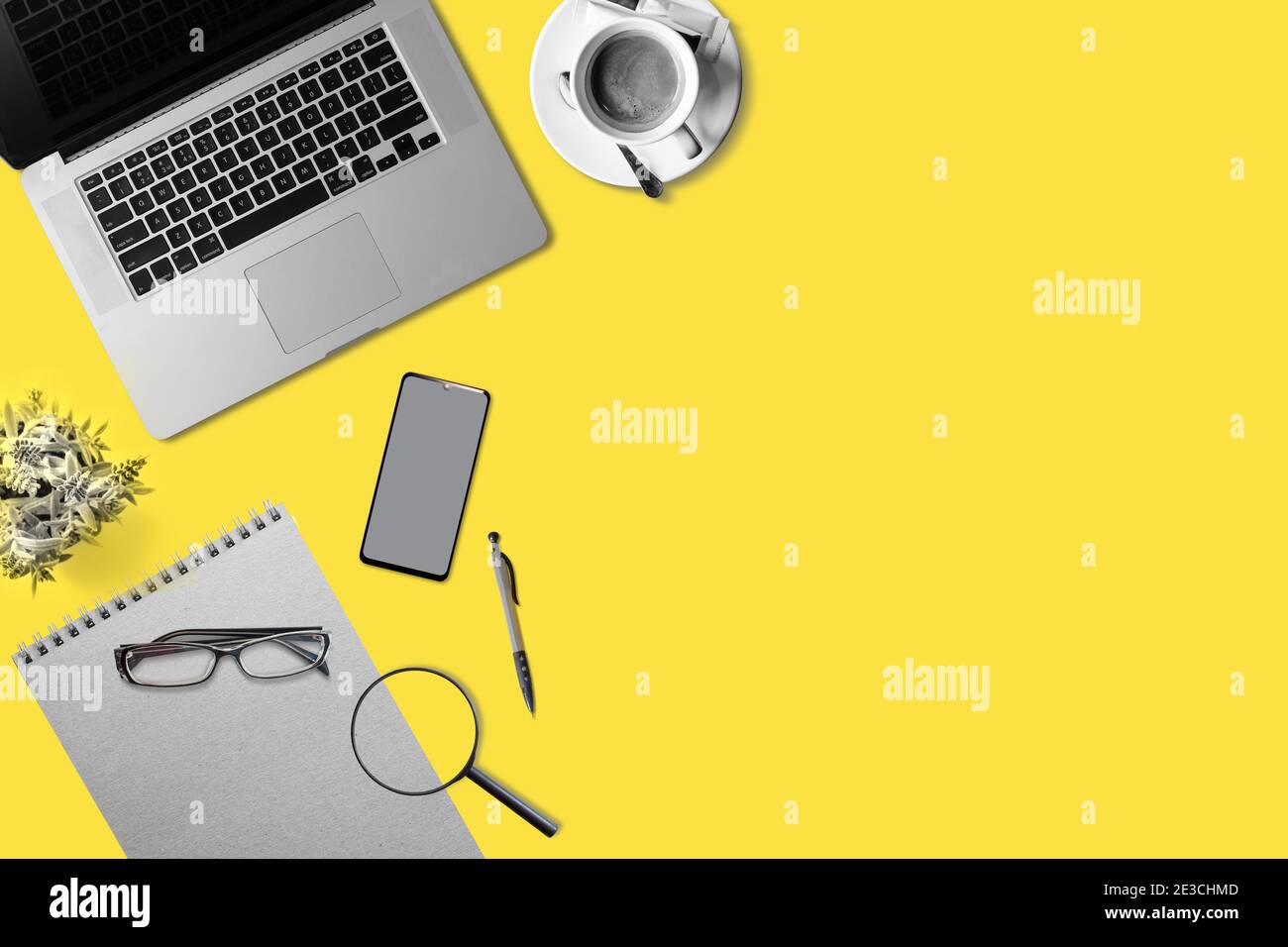 Designer desk top view with computer, graphic tablet color palette