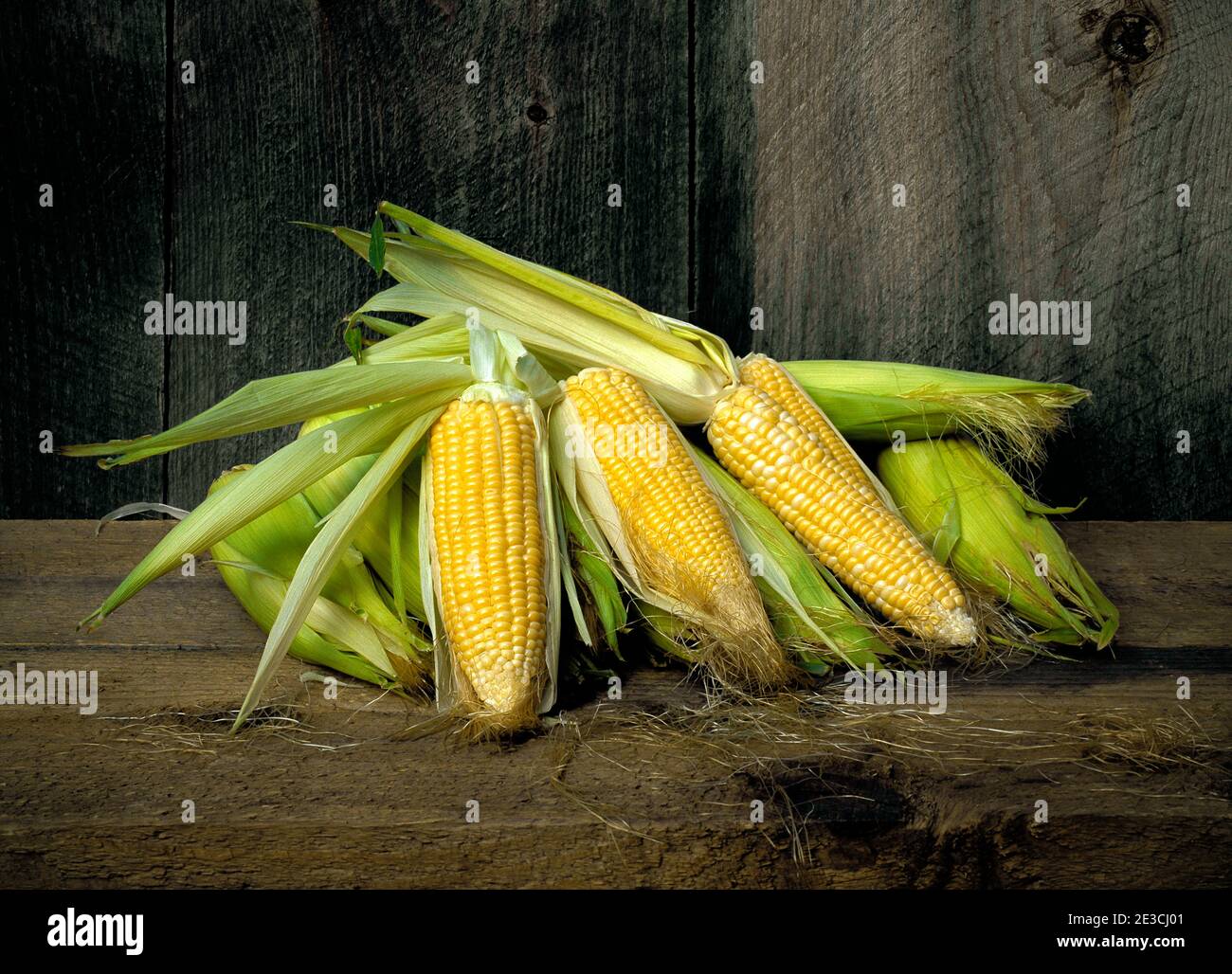 A rustic still life of sweet corn Stock Photo