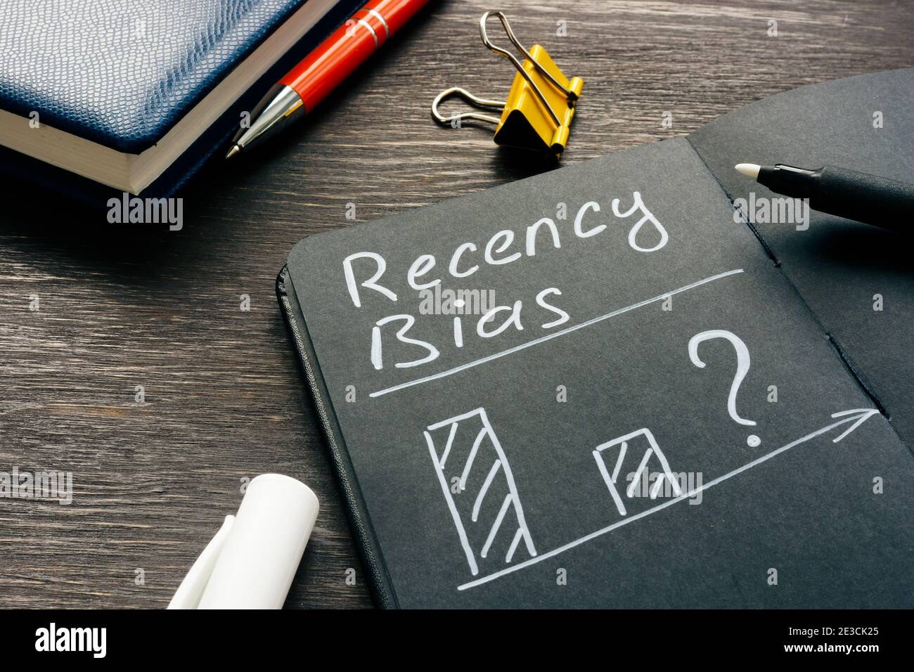 Recency bias and charts about prediction in the note. Stock Photo