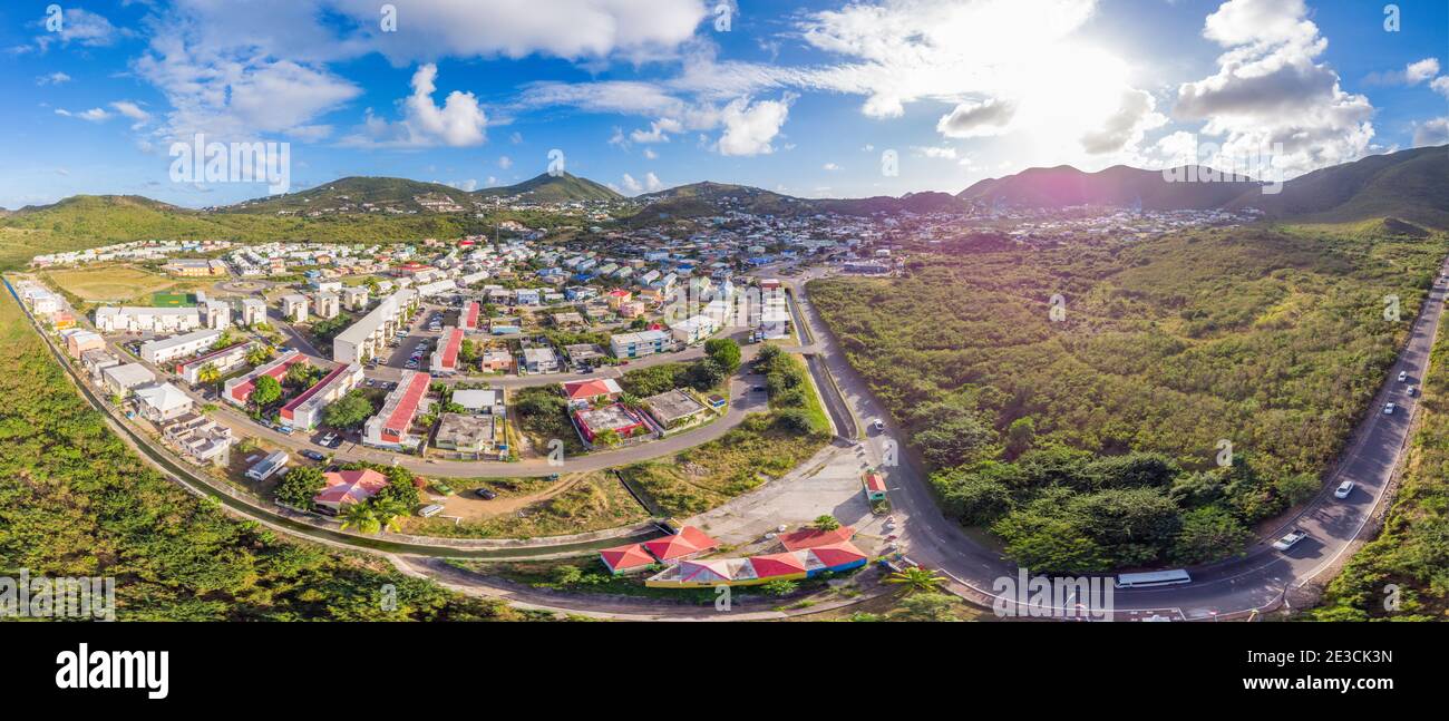 Aerial view of the caribbean island of St.maarten. Caribbean island citycsape. Stock Photo