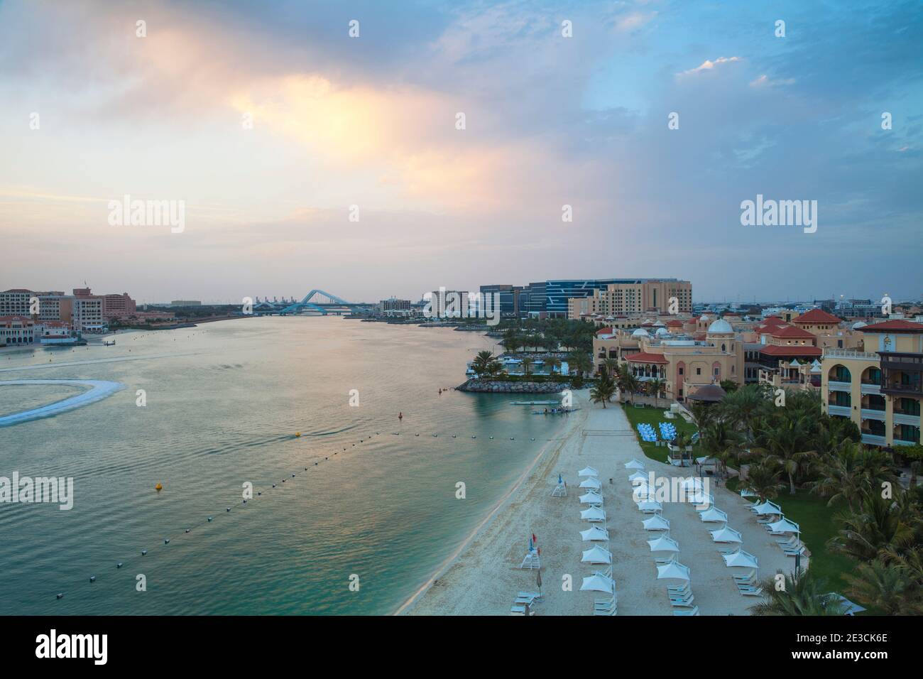 United Arab Emirates, Abu Dhabi, Khor Al Maqta, View of Canal and Shangri-La hotel, Stock Photo