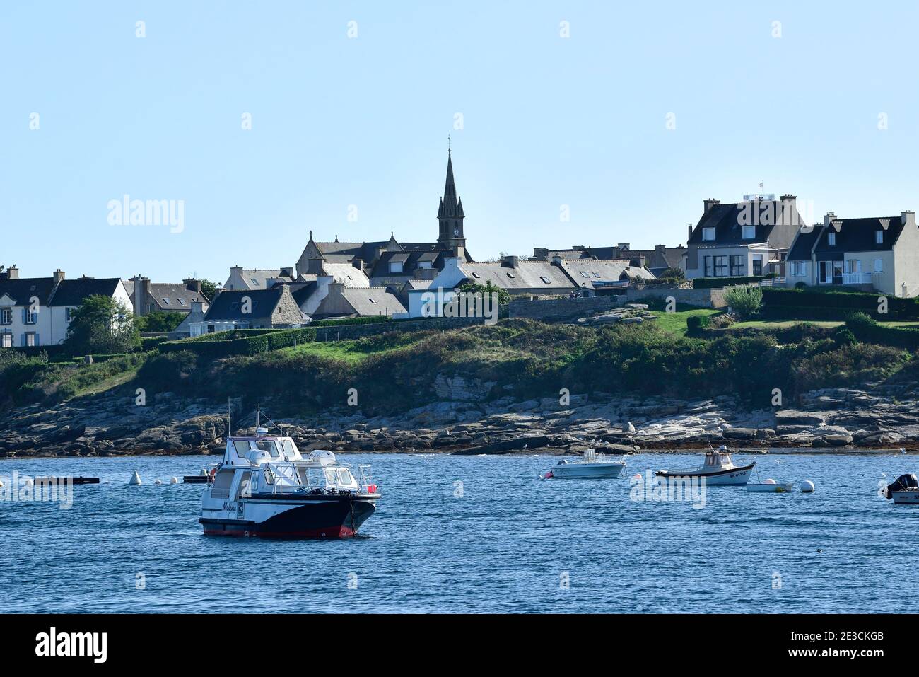 Ile d'Ouessant, Ushant Island (off the coasts of Brittany, north-western France): houses on the island and bell tower of the church Stock Photo